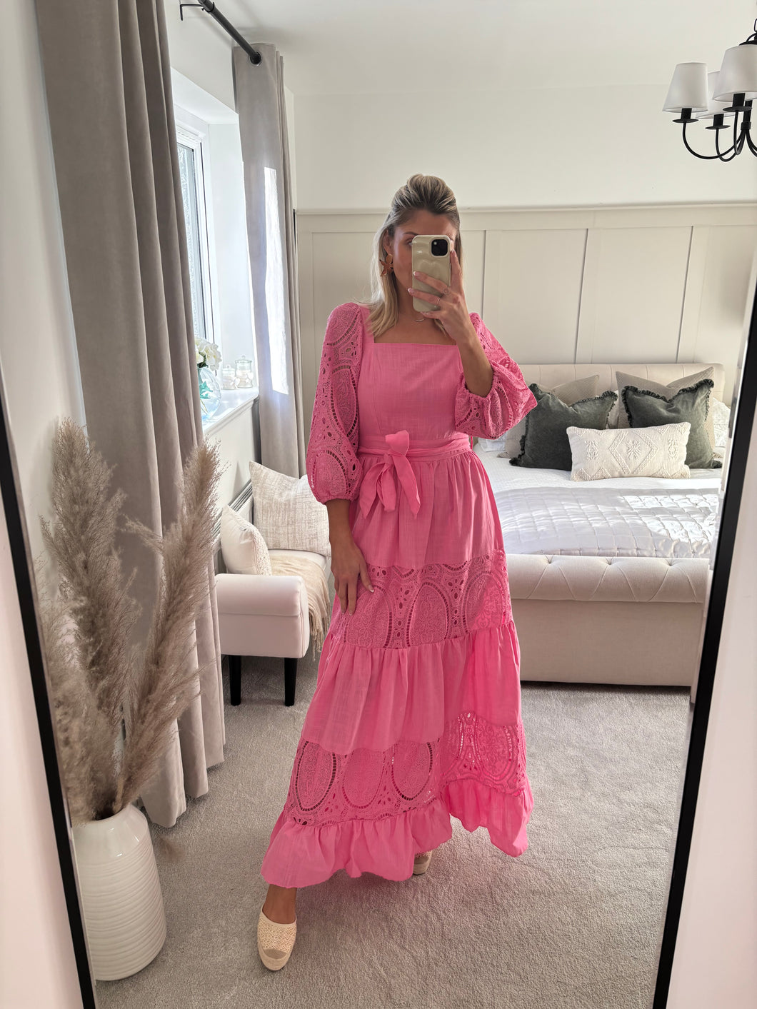 SADIE PINK GUIPURE LACE TIERED MAXI DRESS