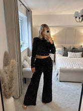 Load image into Gallery viewer, CINDY BLACK SEQUIN ELASTICATED WAIST WIDE LEG TROUSERS