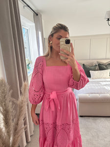 SADIE PINK GUIPURE LACE TIERED MAXI DRESS