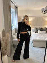 Load image into Gallery viewer, CINDY BLACK SEQUIN ELASTICATED WAIST WIDE LEG TROUSERS