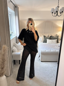 REEVA STUD TRIM MESH FLARE TROUSERS