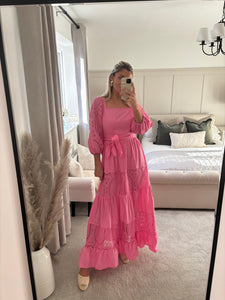 SADIE PINK GUIPURE LACE TIERED MAXI DRESS