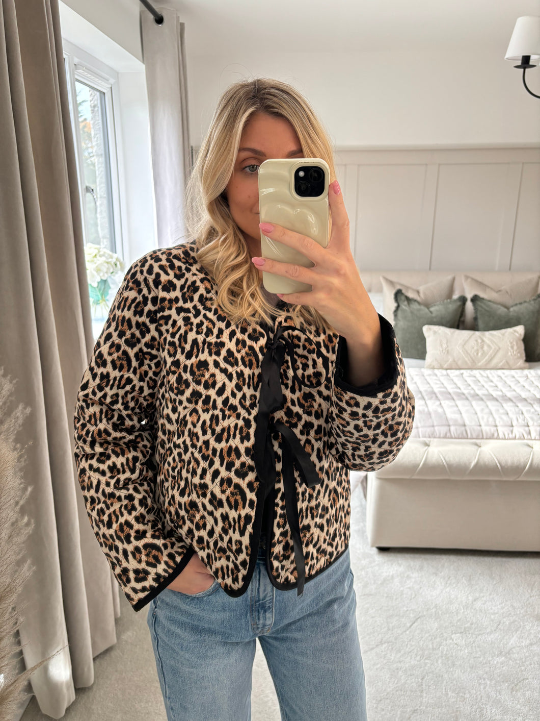 QUINN LEOPARD RIBBON TIE QUILTED JACKET