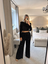 Load image into Gallery viewer, CINDY BLACK SEQUIN ELASTICATED WAIST WIDE LEG TROUSERS