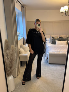 REEVA STUD TRIM MESH FLARE TROUSERS