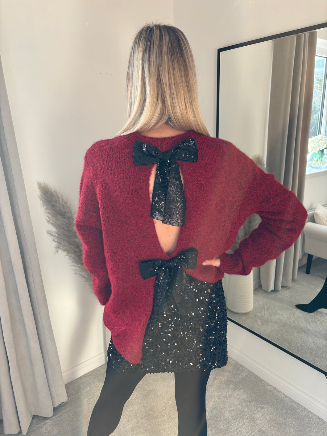 RUBY SEQUIN BOW BACK JUMPER