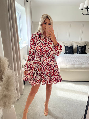 LAYLA RED PRINTED SKATER SHIRT DRESS