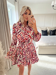 LAYLA RED PRINTED SKATER SHIRT DRESS