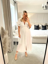Load image into Gallery viewer, EMMIE WHITE PUFF SLEEVE FLOATY MIDI DRESS