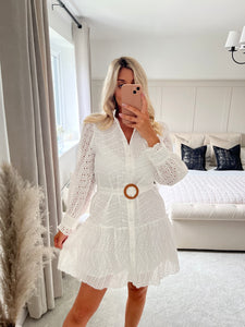 SIENNA WHITE BRODERIE BELTED DRESS